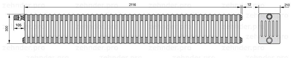 Схема (чертеж) Радиатор Zehnder Charleston 6030/46 №V012 Белый глянцевый RAL 9016